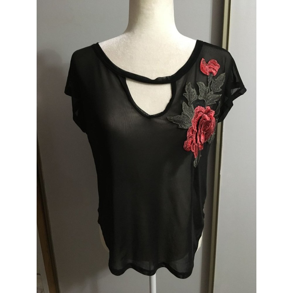 Tinywillow Medium Black Sheer Floral Casual Occasion Top